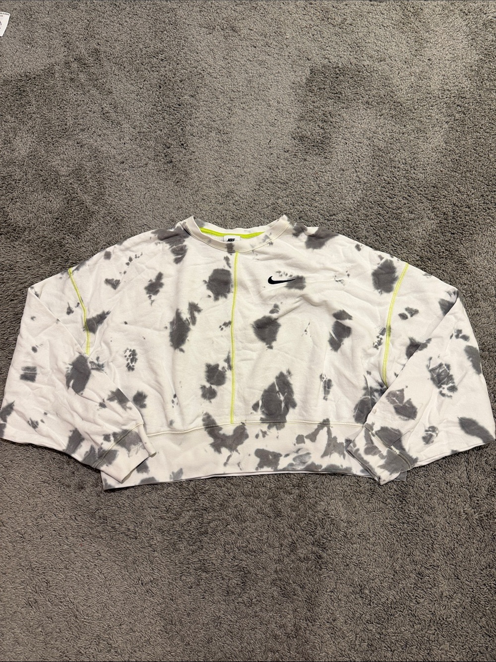 Nike White & Gray Tie-Dye Cropped Crewneck Sweatshirt with Neon Stitching
